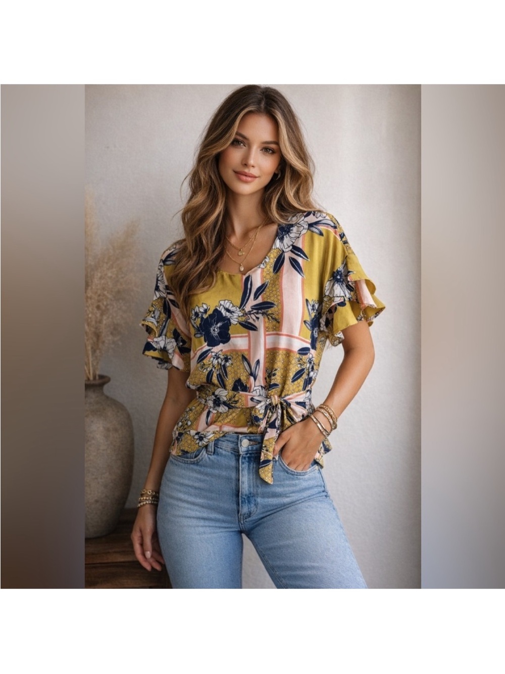 Luxology Mustard Floral Tie-Front Ruffle Sleeve Blouse